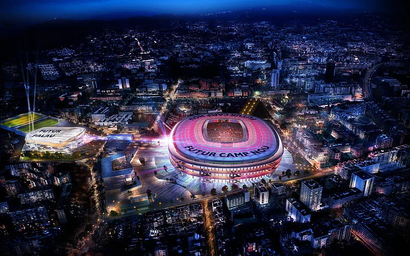 Camp Nou at night — FC Barcelona stadium illuminated